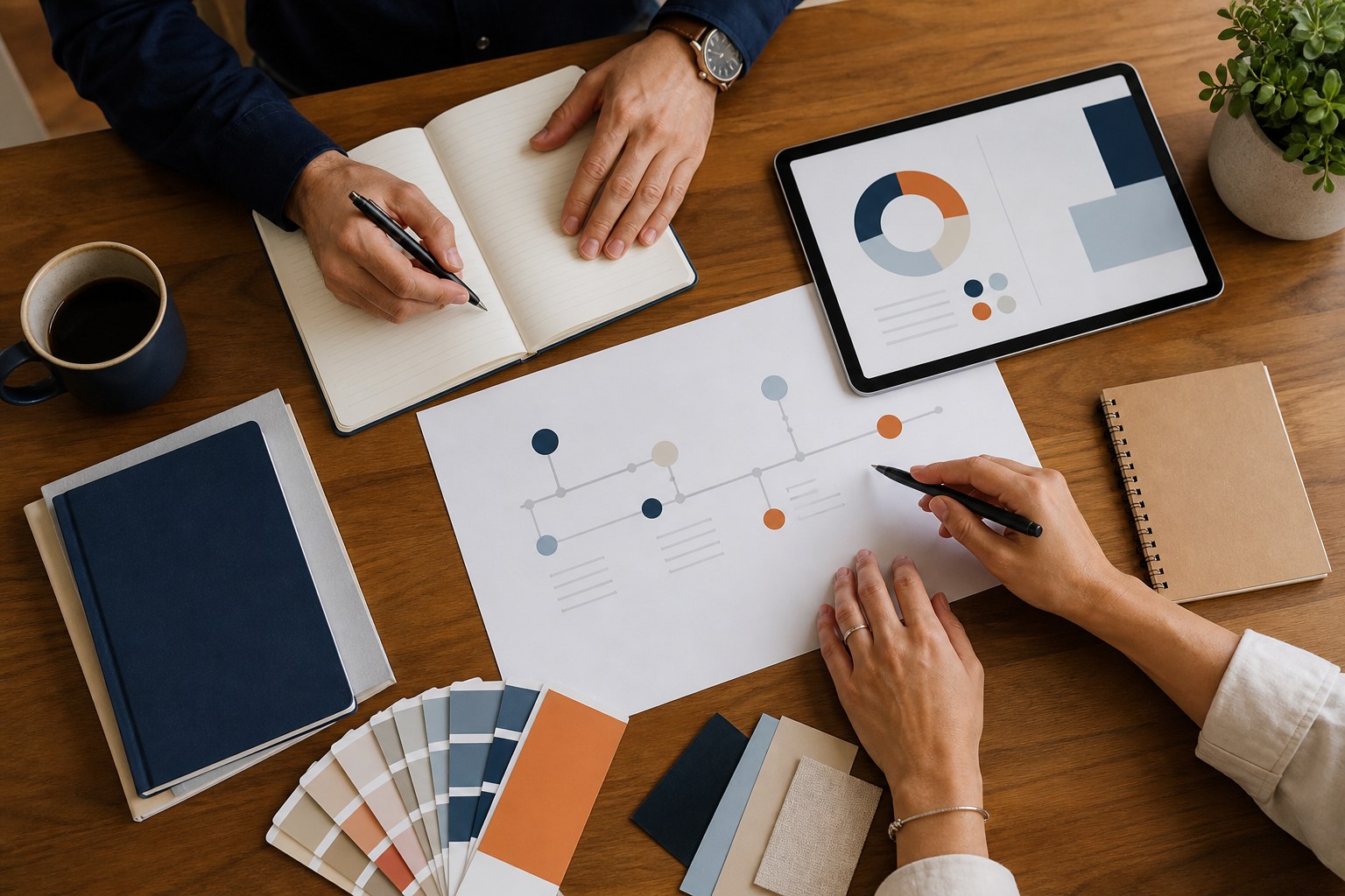 Mesa de planificación con cuadernos, documentos y materiales de trabajo