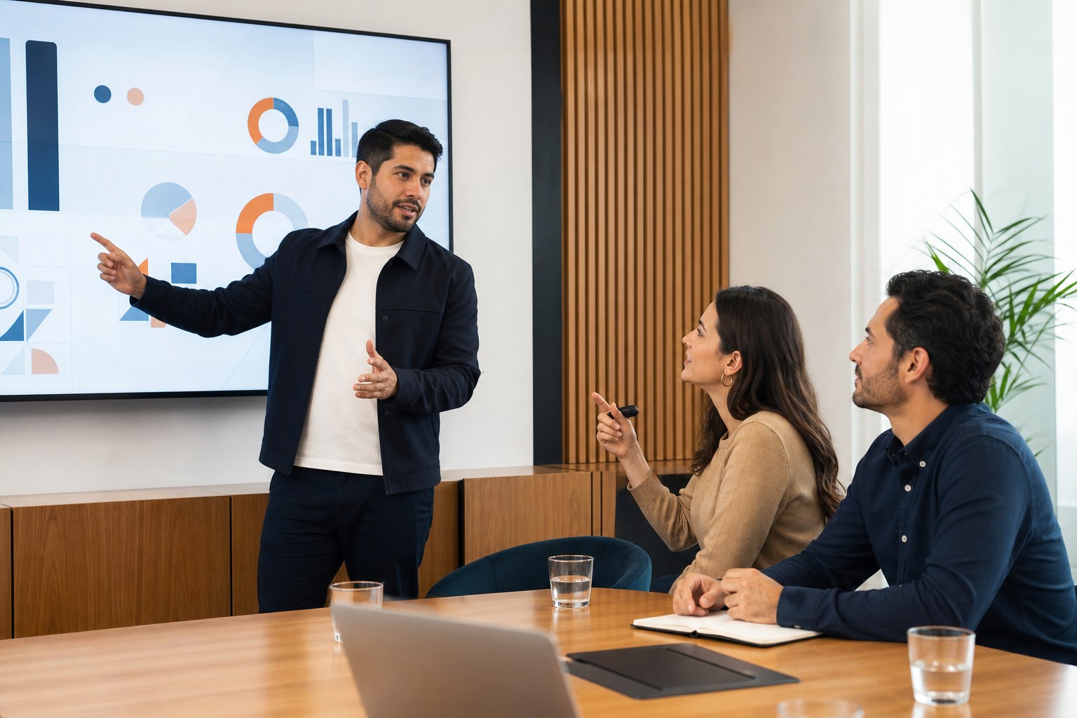 Profesional presentando una propuesta a un equipo de trabajo